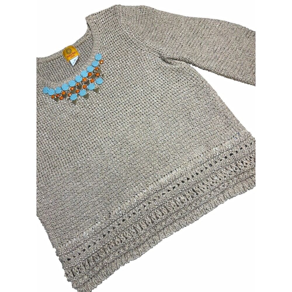 Ruby Rd Womens Embellished Knit Sweater Tan Beige Turquoise Orange Beaded Sz PL